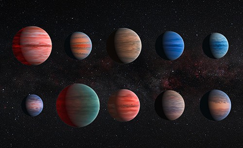 Artist's impressions of ten hot Jupiters in two rows, ranging from cloudy to clear.