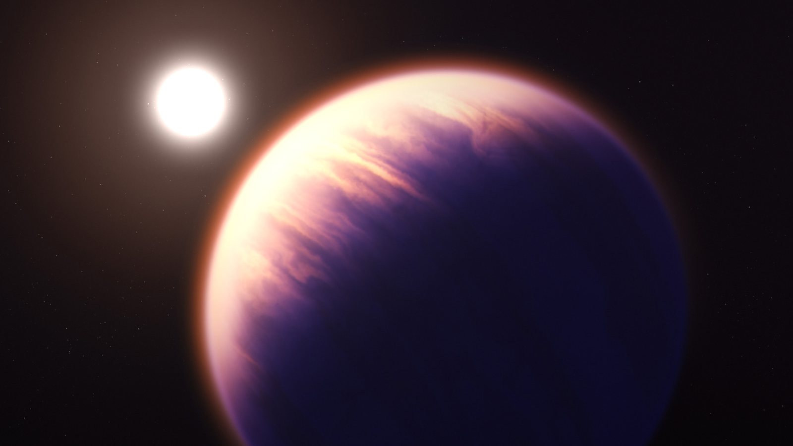Artist's concept of the giant planet WASP-39 b beside its star.