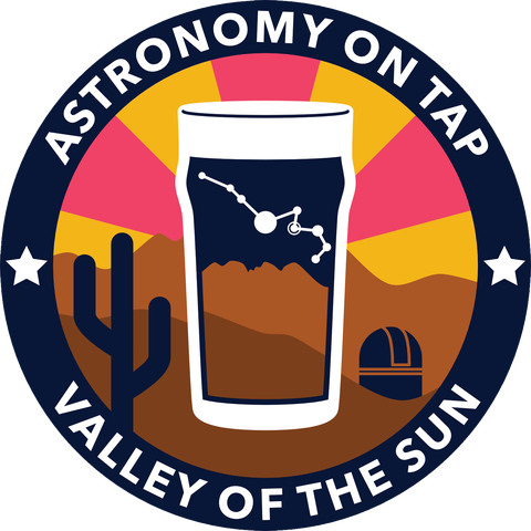Astronomy on Tap: Valley of the Sun logo, a pint glass with a constellation and a saguaro cactus.