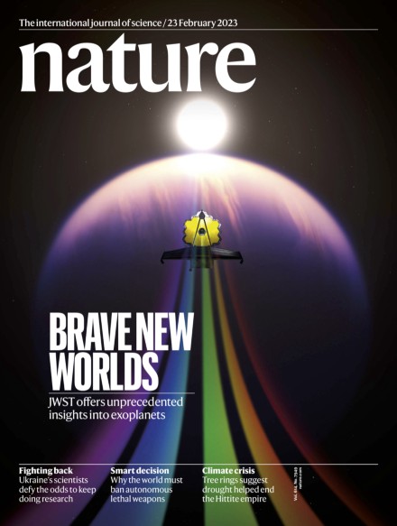 Cover of Nature from 23 February 2023, titled Brave New Worlds, about JWST observations of exoplanets.