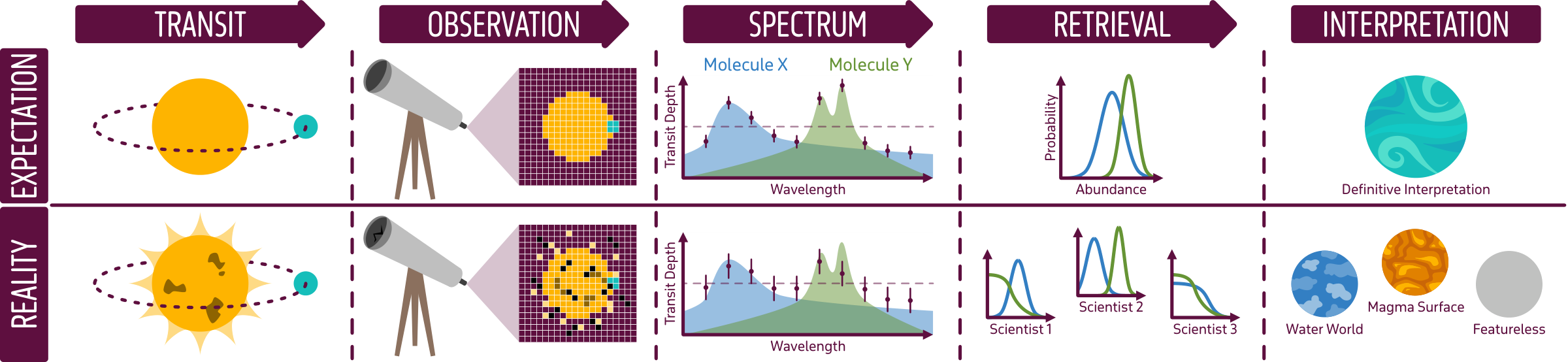 Diagram of the steps from a transit to an interpretation, in two rows. In the expected case, a quiet star, a clean detector image, a precise spectrum and narrow abundance estimates lead to one definitive interpretation. In practice, starspots and flares, detector defects, larger error bars and different results from three scientists leave a water world, a magma surface or a featureless planet as possible answers.